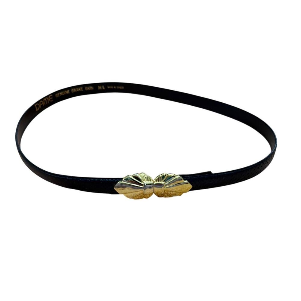 Vintage DAME Genuine Snakeskin Belt Black Gold Shell Clasp Boho 1980s Medium L